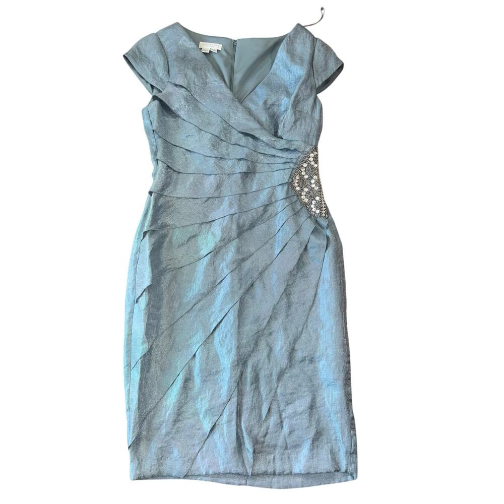 London Times Petites Dusty Blue Rhinestone Dress Women’s 4P Conservative MOB MOG